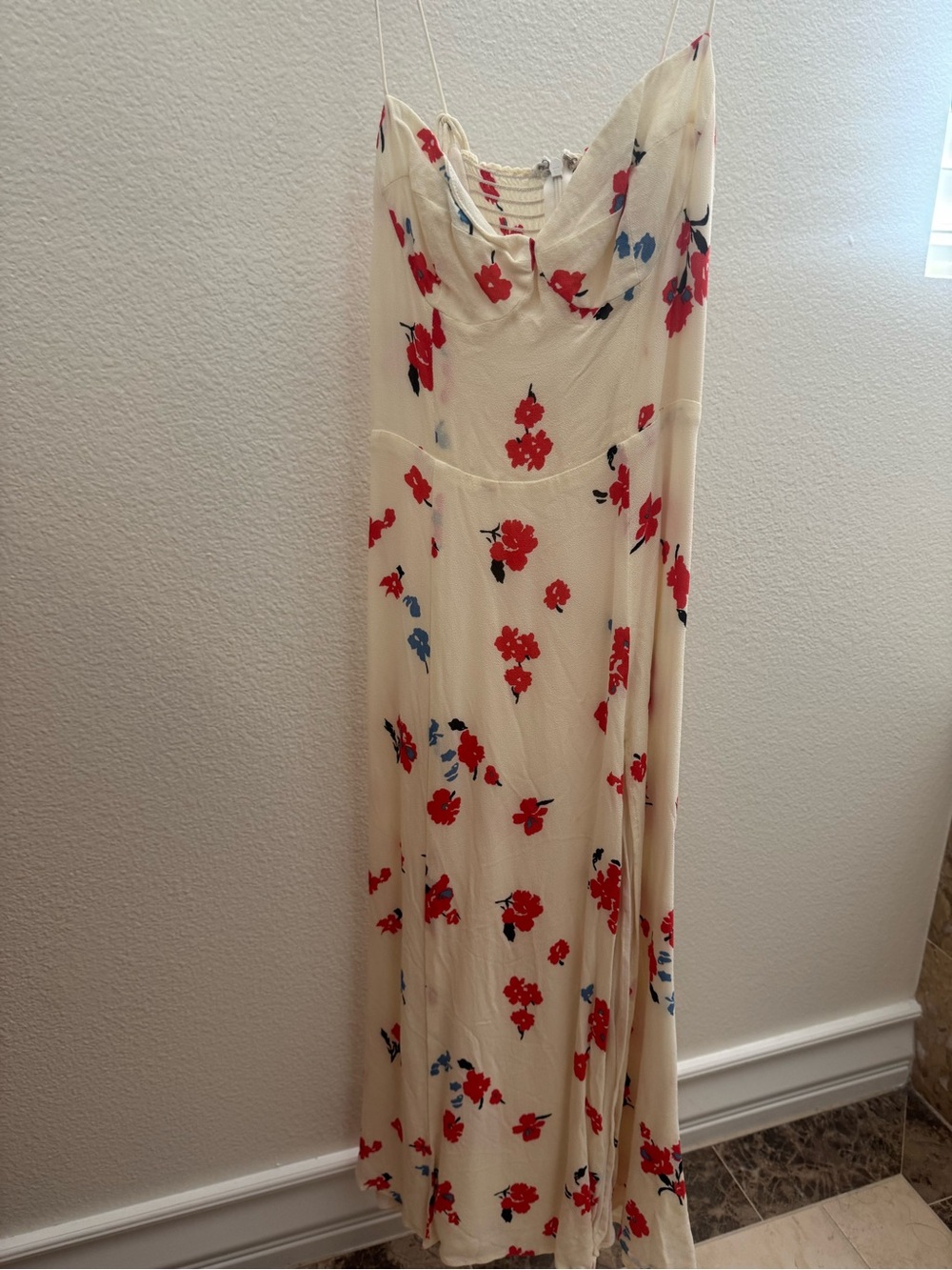 Reformation Cream Slip Midi Dress with Red & Blue Floral Print